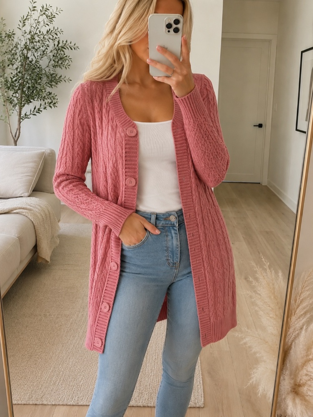 D & Co Mauve Cable Knit Long Cardigan XXS